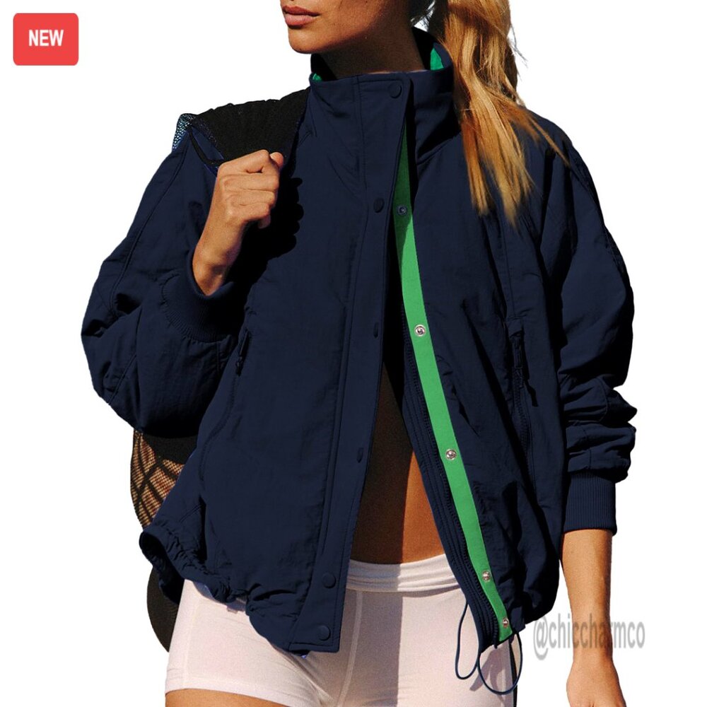 Navy Utility Jacket with Bright Green Trim - Women's Casual Shell